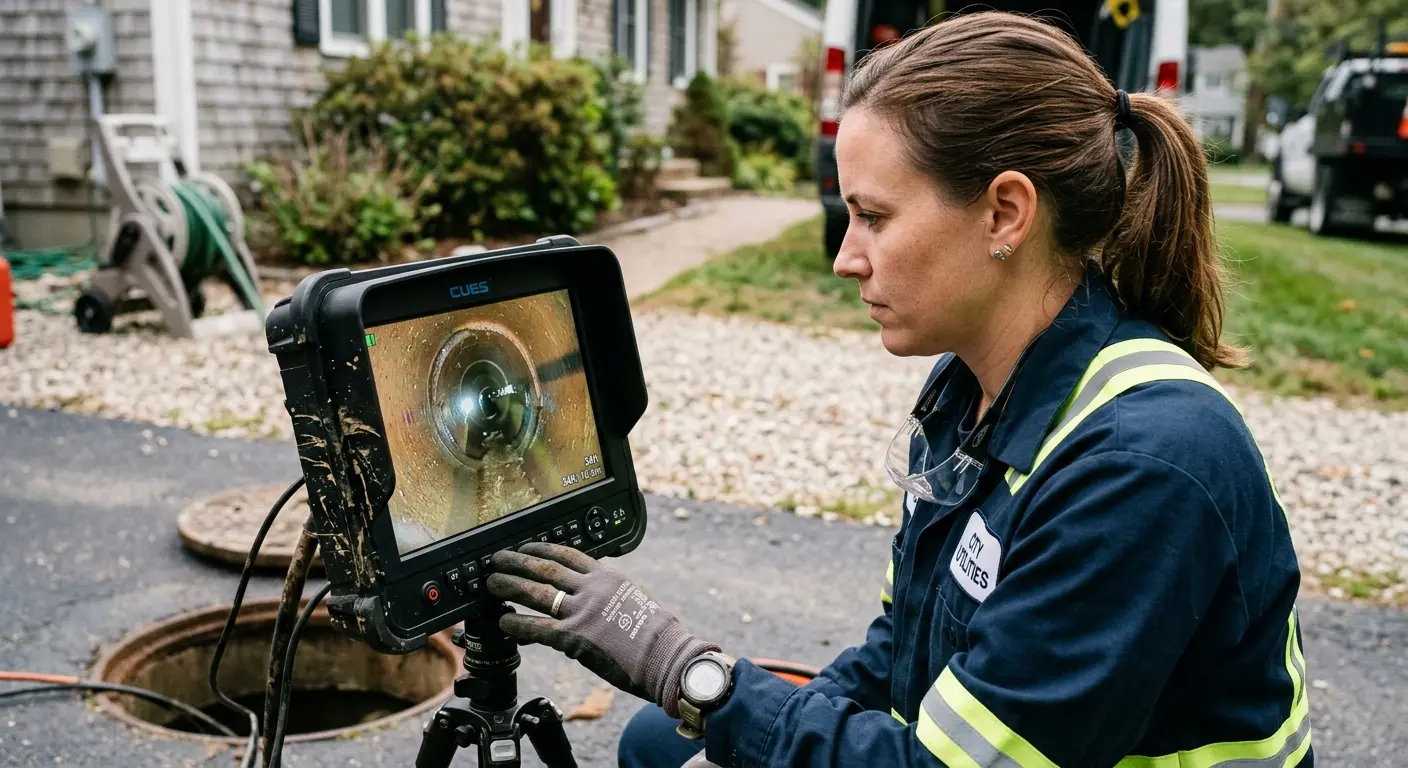 Technician reviewing sewer camera inspection footage in Watertown