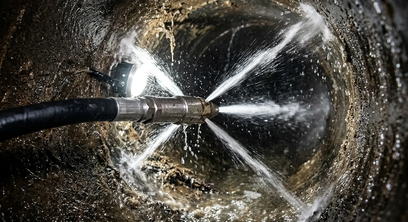 High-pressure hydro jetting nozzle cleaning sewer pipe for Emergency Drain Service in Watertown