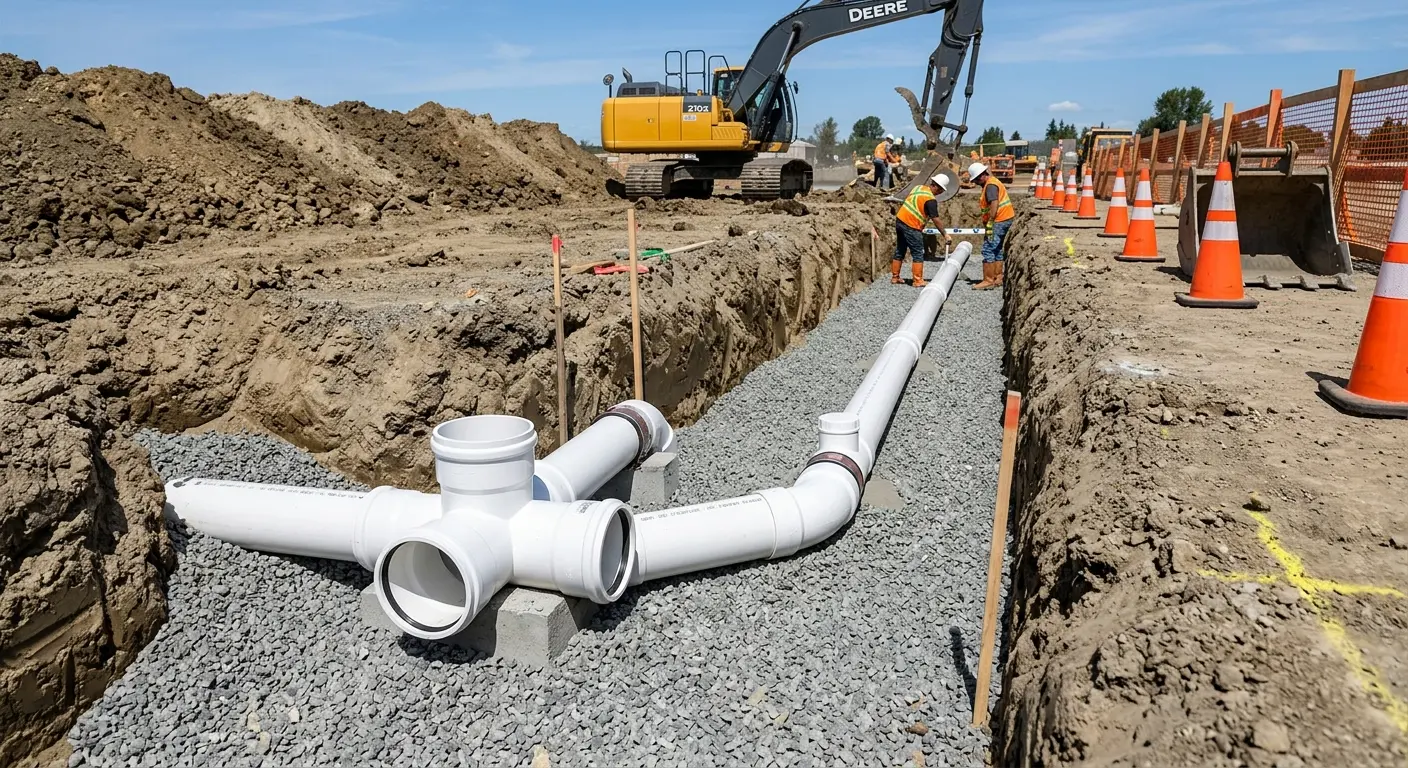 New PVC sewer pipe installation in open trench for Commercial Drain Cleaning in Watertown