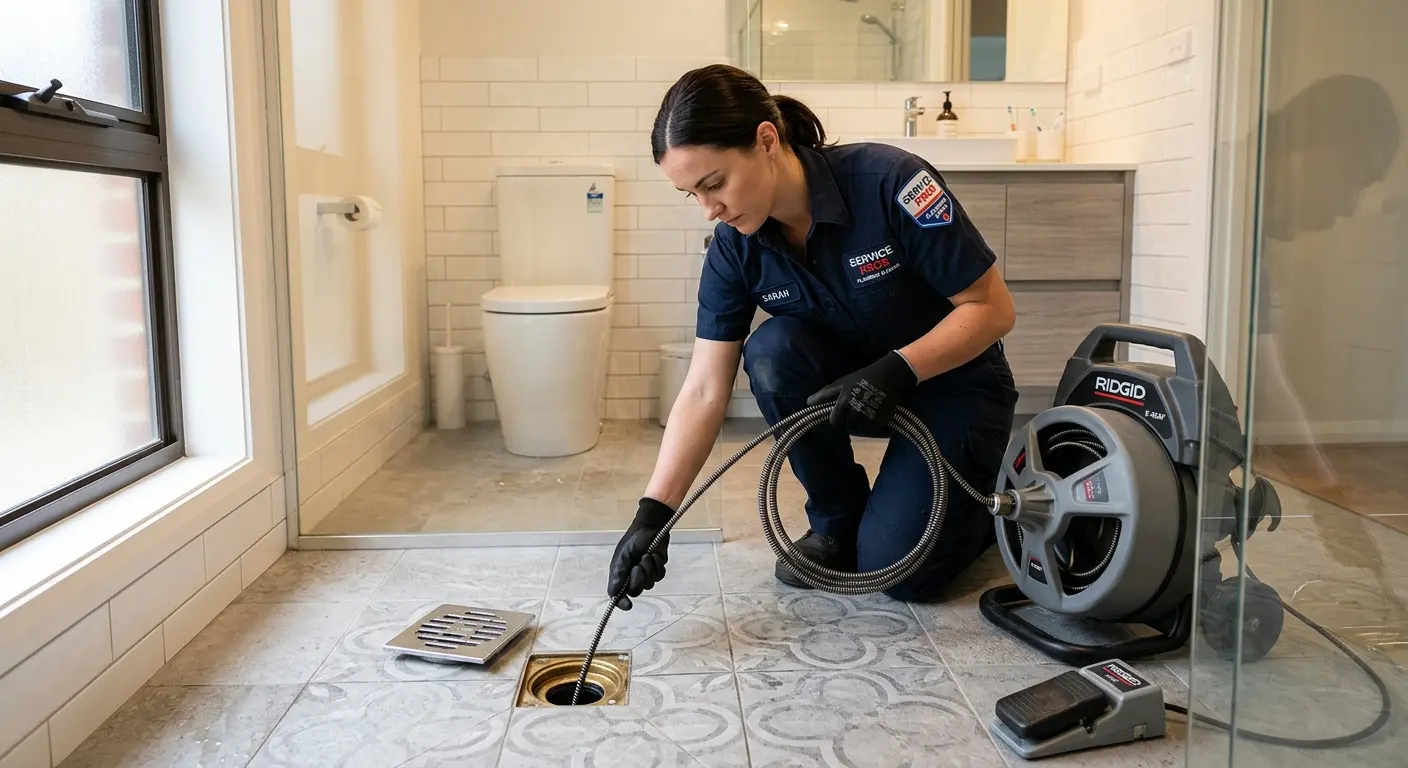 Technician clearing a bathroom floor drain for Sewer Line Replacement in Watertown